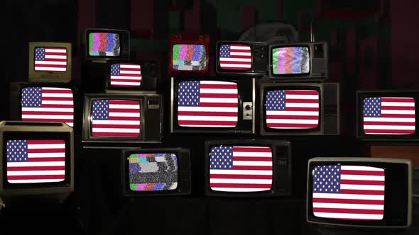 Flag of United States and Many Old Televisions. alt