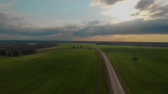 Aerial View of Road in Summer at Sunset.