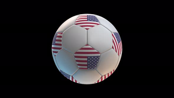 Soccer ball with flag United States, on black background loop alpha