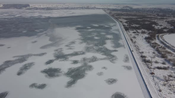 Aerial View of the Frozen Reservoir of a Thermal Power Plant