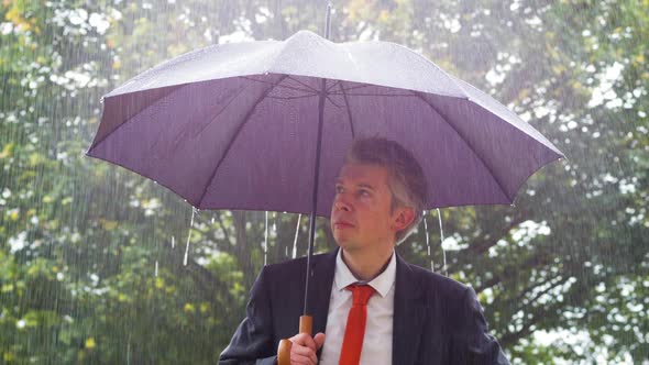 Businessman Sheltering Underneath an Umbrella in the Rain