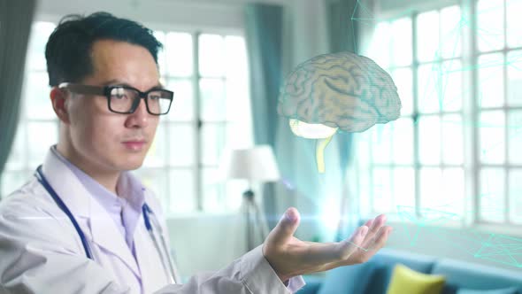 Doctor Holding Holographic Scan Of 3D Human Brain, Medical Technology Concept alt