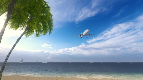 Airplane Flying Over Tropical Beach Travel Concept