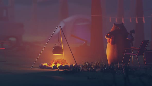 Animated bear stealing camping gear during the night. Theft at summer campsite. alt