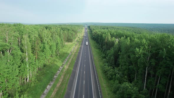 Aerial View of Scenic Road Between Green Trees with Pines on a Sunny Summer Morning alt