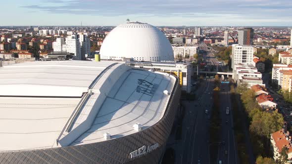 Tele2 Arena stadium or Stockholmsarenan and Ericsson Globe Building, Stockholm in Sweden. Aerial sid alt