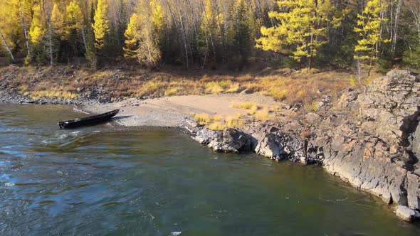 River Autumn Boat Near the Shore Fishermen Tourists Copter Beauty alt