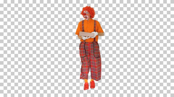 Clown carrying a gift box and looking inside of it, Alpha Channel alt