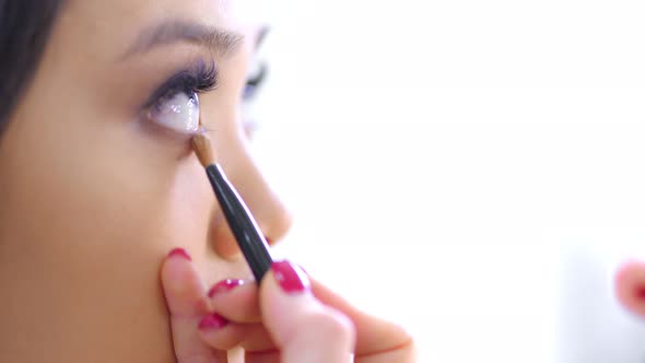 Extreme Closeup Face of Young Asian Woman Looking Up During Creating Makeup Macro Shot alt