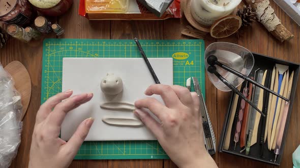 Women's Hands Sculpt Clay Ears for White Rabbit on Workshop Desktop
