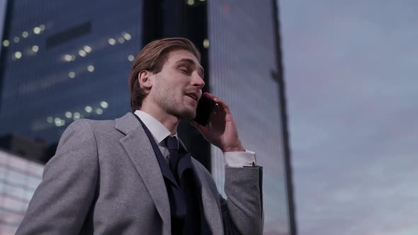 Portrait of a Young Businessman Standing Near a Business Car and Talking on a Mobile Phone Top alt