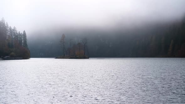 Autumn misty morning lake Konigssee, Bavaria, Germany alt