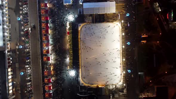 Aerial winter skating rink in city center Kharkiv