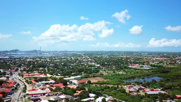 Aerial view dolly in the residential neighborhood Mahaai Buurt, Willemstad, Curacao, Dutch Caribbean alt