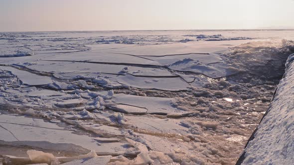 Icebreaker Ship Breaks Thru Frozen Ocean Water