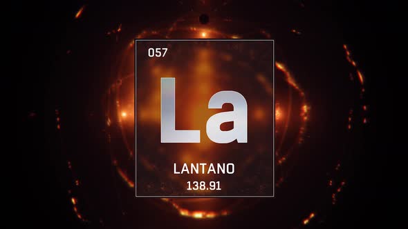 Lanthanum as Element 57 of the Periodic Table on Orange Background in Spanish Language