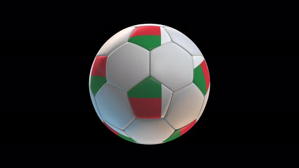 Soccer ball with flag Madagascar, on black background loop alpha