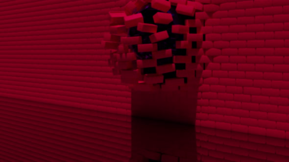 Moment of destroying a red brick wall by concrete spheres on a dark background alt