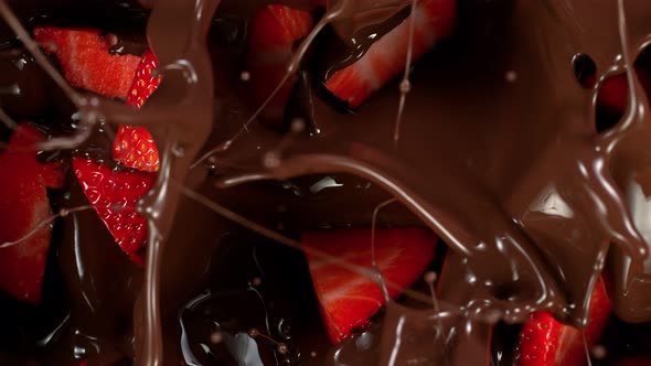 Super Slow Motion Shot of Fresh Cutted Strawberries Falling Into Melted Chocolate at 1000 Fps alt