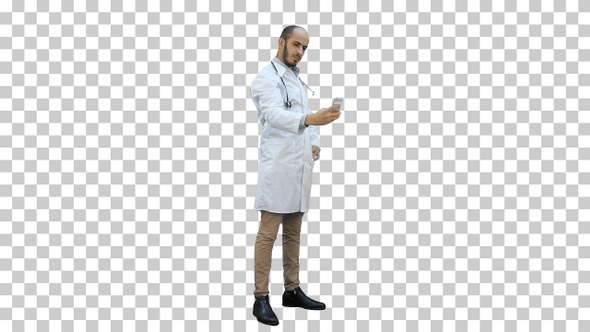 Smiling doctor in white coat taking selfie, Alpha Channel