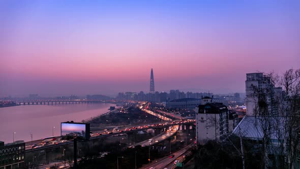 Sunrise of Seoul City Skyline and Han river  in Seoul  South Korea 