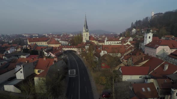 Aerial of a street in Ljubljana alt