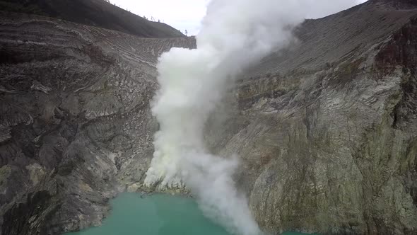 Sulfur Springs on the Lake in the Vent of a Sleeping Volcano Sulfur Smoke Comes Out From Under the alt