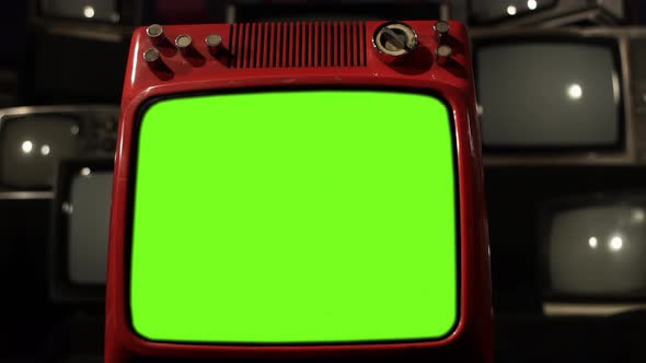 Old Red TV turning on Green Screen With Static Noise. 4K Version. alt