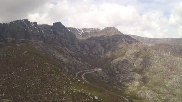 Aerial drone view of Vale Glaciar do Zezere valley in Serra Estrela, Portugal alt
