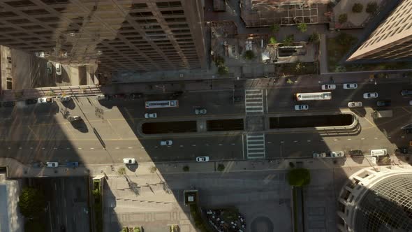 AERIAL Slow Lowering Birds Eye View Flight Over Downtown Los Angeles California Grand Avenue in alt