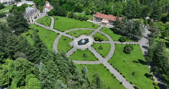Zugdidi, Georgia - May 30 2022: Aerial view of Dadiani Palace in the center of Zugdidi city alt