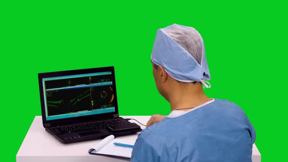 Doctor In Uniform Looking At Image On Laptop Screen And Writing