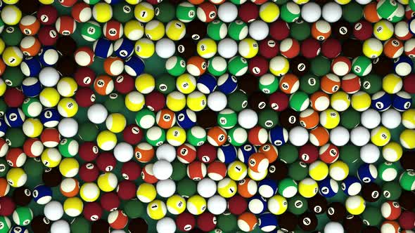 Animation 3D billiards. Many Pool balls.Colorful sphere balls with numbers.Billiards, Pool