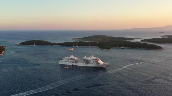 Croatia, Aerial view at the cruise ship during sunset, Adventure and travel alt