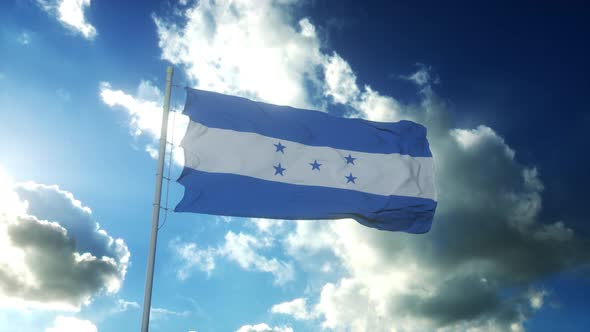 Flag of Honduras Waving at Wind Against Beautiful Blue Sky alt