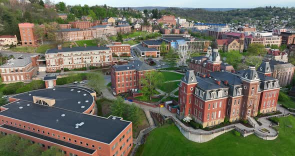 University campus in downtown Morgantown West Virginia, WVU. Woodburn Hall. Aerial view. alt