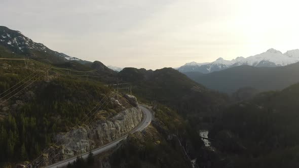 Aerial Drone View of Sea To Sky Highway During a Bright Winter Sunset alt