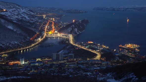 Night Top View of Center of Capital of Kamchatka Peninsula - Petropavlovsk Kamchatsky City