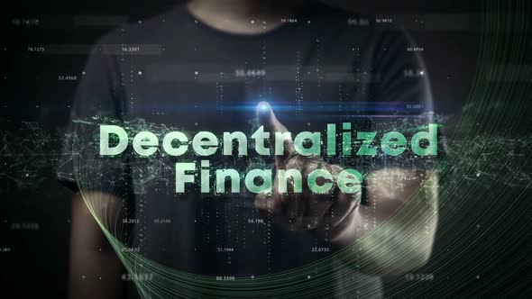 DeFi - Decentralized Finance Man Pressing Screen Hologram alt