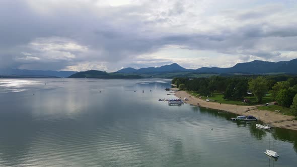 Aerial view of the recreation center Liptovska Mara in Slovakia alt