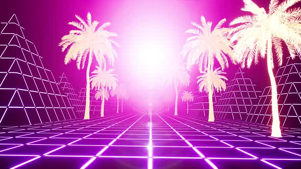 Pink Retrowave Palms Sunset 4k 