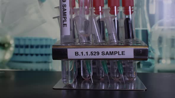 A metal tube rack labeled with B.1.1.529 is holding test tubes and syringes. More test tubes are bei alt