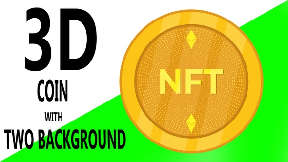 3D render of a rotating Golden NFT (real coin, minted) on white and green background alt