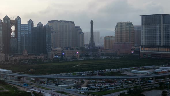 Macau Cotai Aerial Cityscape Day Timelapse Pan Up alt