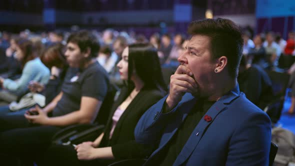 People Yawn Crowded Audience. Business Man Asleep Economic Forum. Boring Lecture alt