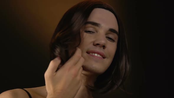 Happy Transgender Wearing Female Wig Flirting and Posing Camera, Sexual Identity alt