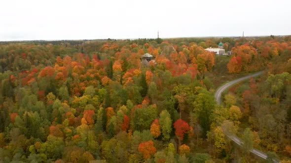 Autumn in Forest, Aerial Top View Look Down Sunny Day. Golden Autumn Season in Latvia, Sigulda. 4K alt
