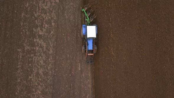 Agricultural Work in the Field, Two Blue Tractors Plow the Land