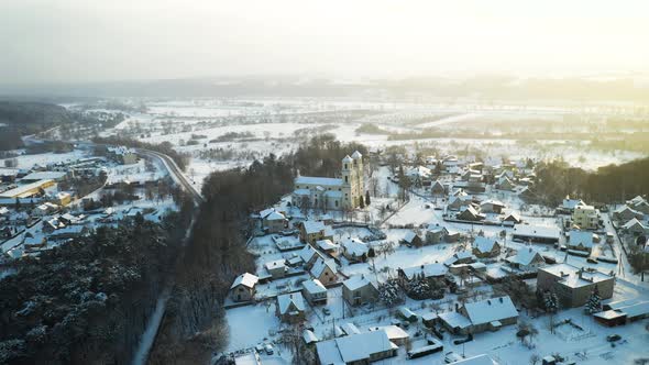 Aerial View Of Raudondvaris Village In Winter