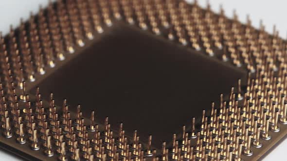 The Computer Processor CPU with Gold Plated Contacts Spins on White Background alt